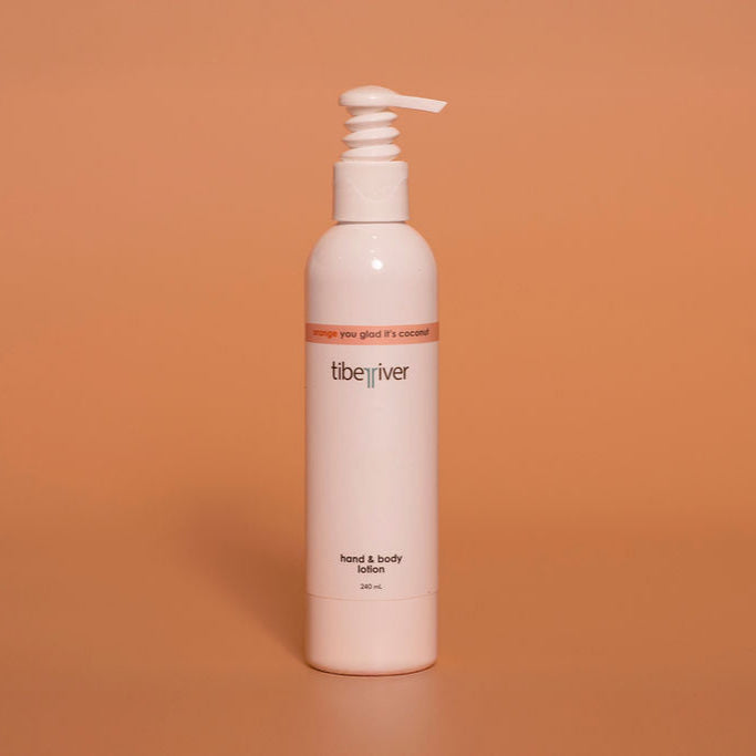 White bottle with pump labeled 'tiberiver' on an orange background