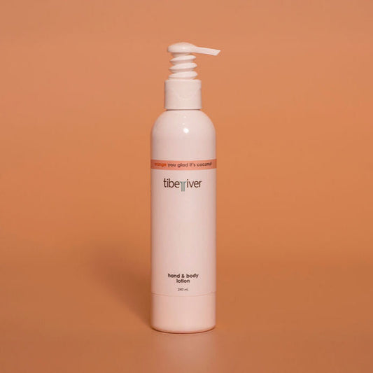 White bottle with pump labeled 'tiberiver' on an orange background