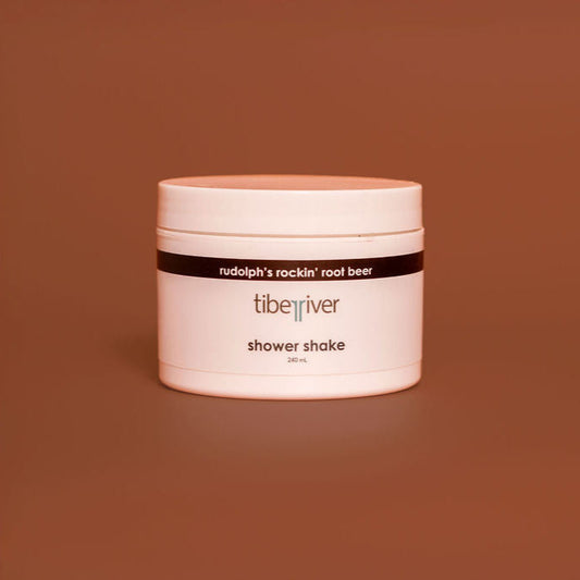 Jar of 'tiberiver' shower shake on a brown background