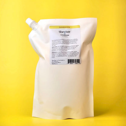 White refill pouch with a label on a yellow background