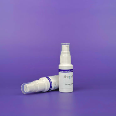 Two white spray bottles with 'tiberius' branding on a purple background